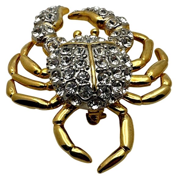 Whimsy 90s Crab Brooch Pin Crystal Rhinestone Gold Tone Shiny Colorful Sparkle - Picture 2 of 10
